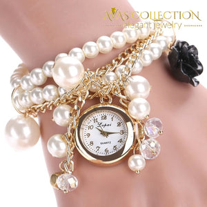 Rose Flower Design Pearl Wrist Watch Womens Watches