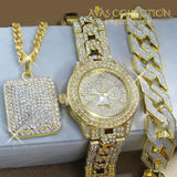 Iced Out Watch & Bracelet Square Necklace Combo Set Jewelry Sets