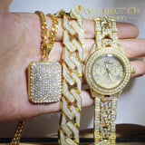 Iced Out Watch & Bracelet Square Necklace Combo Set Jewelry Sets