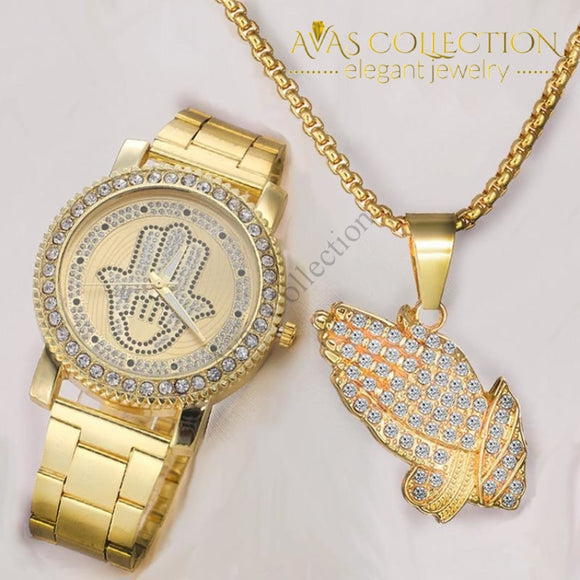 Mens Hip Hop Iced Out Hands Necklace/ Watch Set Jewelry Sets