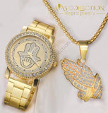 Mens Hip Hop Iced Out Hands Necklace/ Watch Set Combo Gold Jewelry Sets