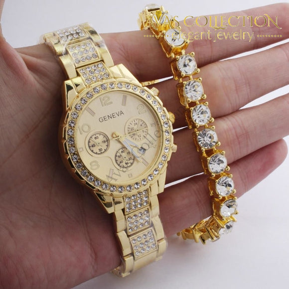 Iced Out Hip Hop Gold 8Mm 8.26 Cz Bracelet Watch Set Jewelry Gift Sets