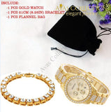 Iced Out Hip Hop Gold 8Mm 8.26 Cz Bracelet Watch Set Jewelry Gift Watch Bracelet Set Sets