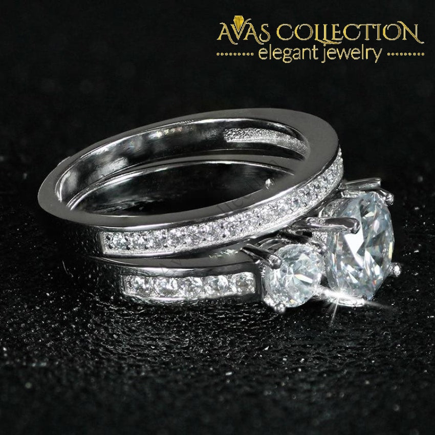 3 Stone 925 Silver Wedding Ring Set/ Simulated Diamonds – Avas