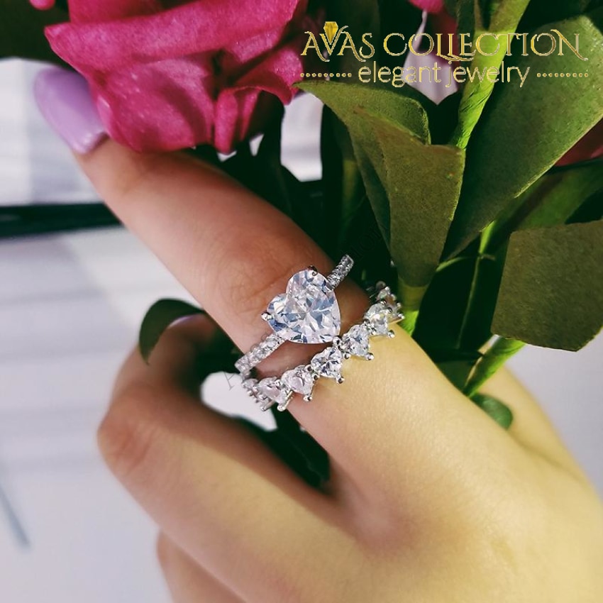 Heart Wedding Ring Set Solid 925 Silver Simulated Diamonds – Avas
