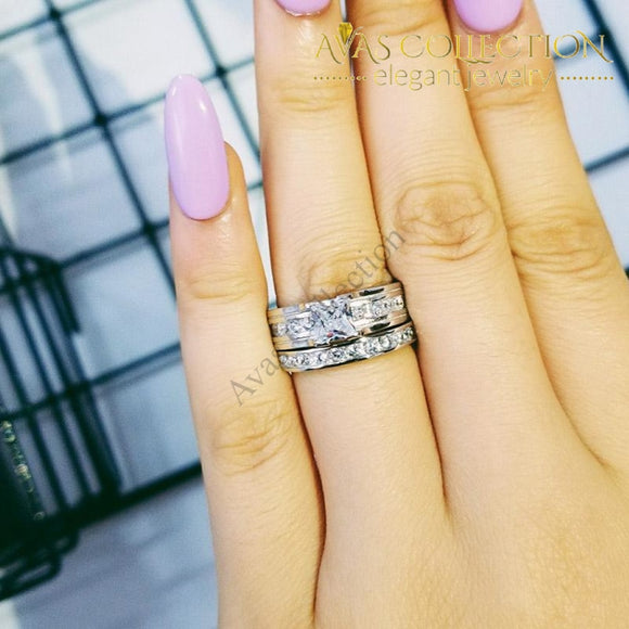 Solid Silver 925 Sterling Princess Cut Wedding Ring Set Rings