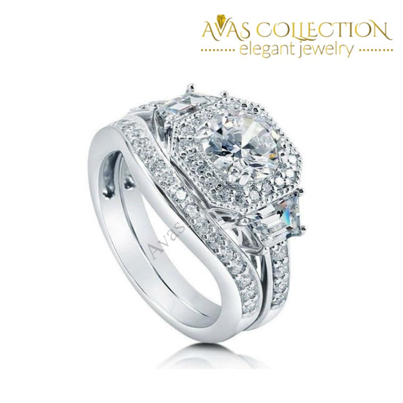 1.6 Ct Princess Cut  Solid 925 Sterling Silver Wedding Ring Set/ High Polished - Avas Collection