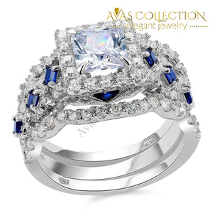 2.6 Ct Solid Silver Halo Wedding Ring Sets Princess Cut/ High Polished - Avas Collection