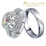 Luxury Solid 925 Sterling Silver 3Pcs In 1 Couple Wedding Ring Set/ Simulated Diamonds Rings