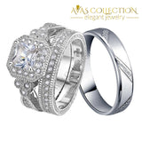 Luxury 925 Sterling Silver 3Pcs In 1 Couple Wedding Ring Set/ Simulated Diamonds Rings