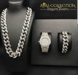 14K White Gold Filled Iced Out Techno Pave Men Watch Cuban Chain & Bracelet Set (All Of Them):