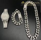 14K White Gold Filled Iced Out Techno Pave Men Watch Cuban Chain & Bracelet Set (All Of Them):