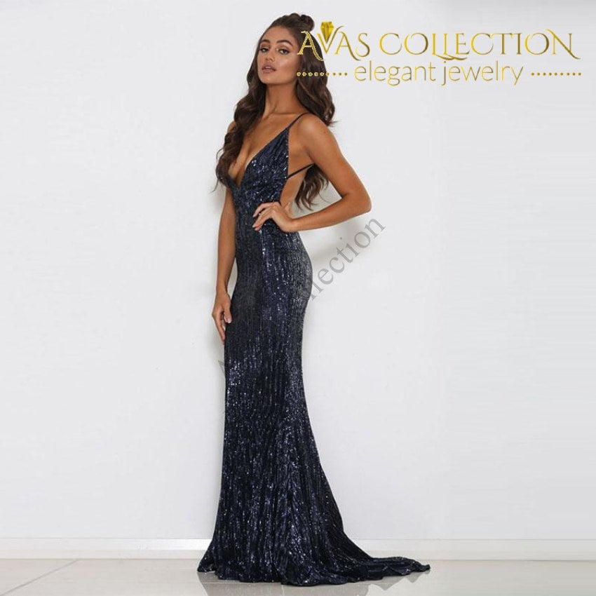 Sexy Silver/Black Sequined Open Back Elegant Party Dress Floor Length –  Avas Collection