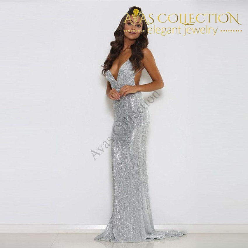 Sexy Silver/Black Sequined Open Back Elegant Party Dress Floor Length Avas Collection Sexy Silver/Black Sequined Open Back Elegant Party Dress Floor Length Avas Collection