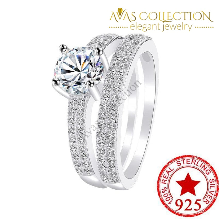 Produktbild von Damen Ring-Set Aus 925er Sterlingsilber Mit Zirkonia - Solitär Mit Accents, Verlobungsring