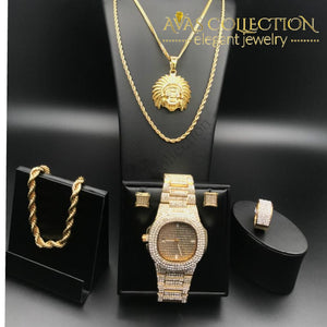 14K Yellow Gold Filled Mens Iced Out Hip Hop Watch & Necklace Bracelet Earrings Set Quartz Watches