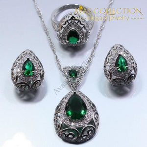 Water Drop 4PCS Jewelry Set 925 Sterling Silver Simulated Emerald - Avas Collection