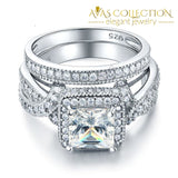 Solid 925 Sterling Silver Wedding  Set/ Vintage Style Princess Cut / High Polished - Avas Collection