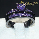 Princess Cut 10Kt Black Gold Filled Purple Birthstone Wedding Band Ring Set Rings