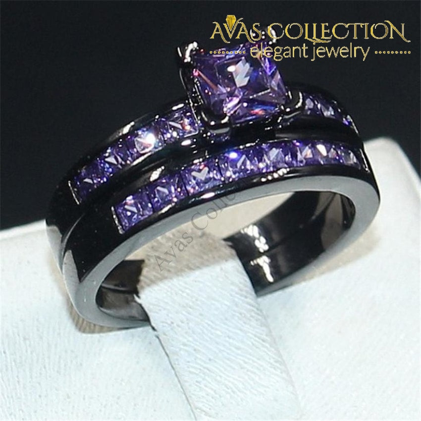 Wedding Band Black Purple Ring Princess Cut 10KT Black Gold Filled