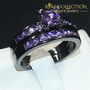 Princess Cut 10Kt Black Gold Filled Purple Birthstone Wedding Band Ring Set Rings