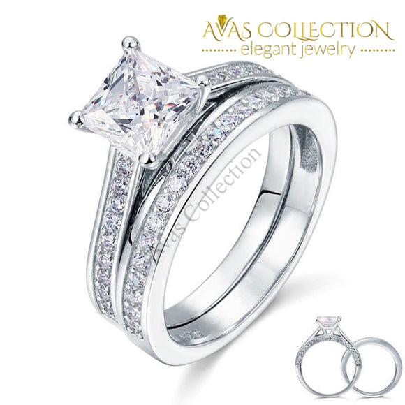 1.5 Ct Princess Cut Solid 925 Sterling Silver 2-Pcs Wedding Ring Set / High Polished - Avas Collection