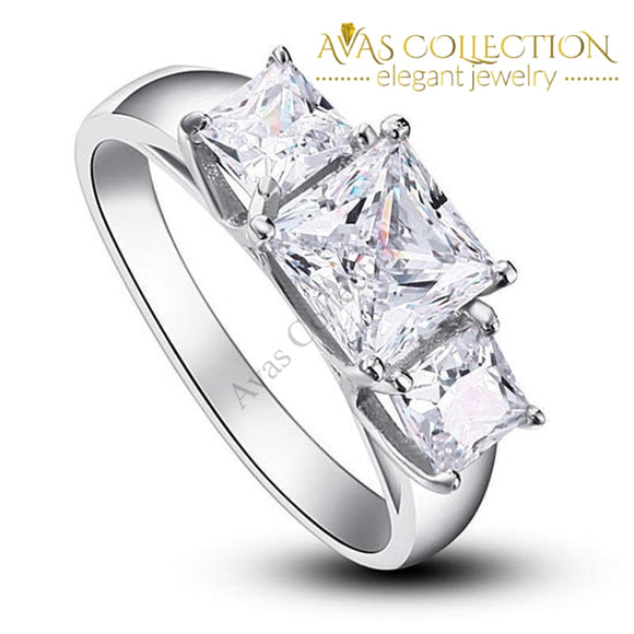 Three-Stones Solid 925 Sterling Silver Engagement Ring/ High Polished - Avas Collection