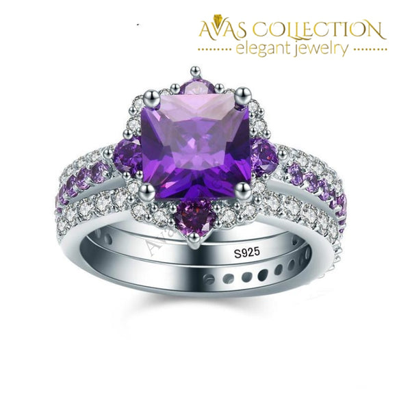 18k White Gold Filled  Rings Purple Wedding Engagement 3 Ring Set - Avas Collection
