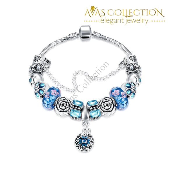 Royal Sky Blue Petite Emblem Pandora Inspired Bracelet Made With Swarovski Elements