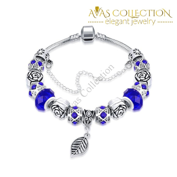 Dark Royal Blue Leaf Branch Pandora Inspired Bracelet Made With Swarovski Elements