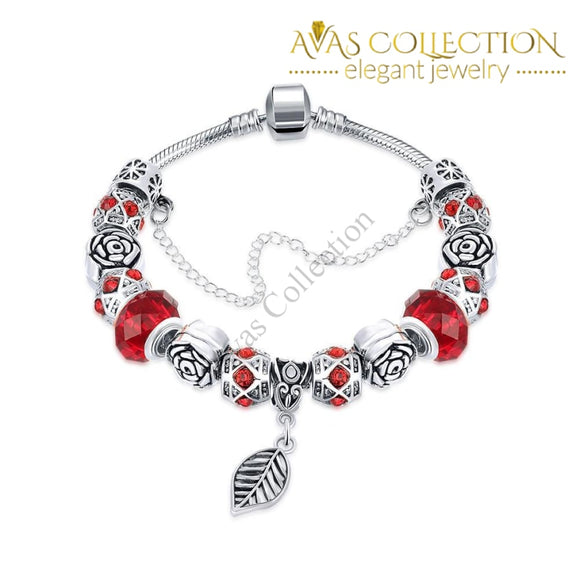 Dark Ruby Red Leaf Branch Pandora Inspired Bracelet Made With Swarovski Elements