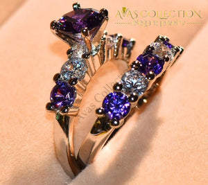 Purple Round Ring  Wedding Ring Set  18k White Gold Filled - Avas Collection